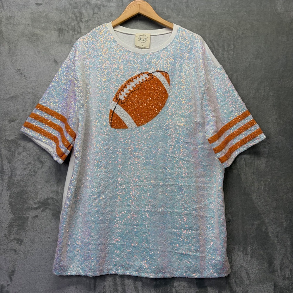 Fantastic Fawn Iridescent Sequin Dress with Orange Football Graphic